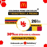 Cupón Mcdonalds de 30% de descuento por el partido Colombia vs Rumanía